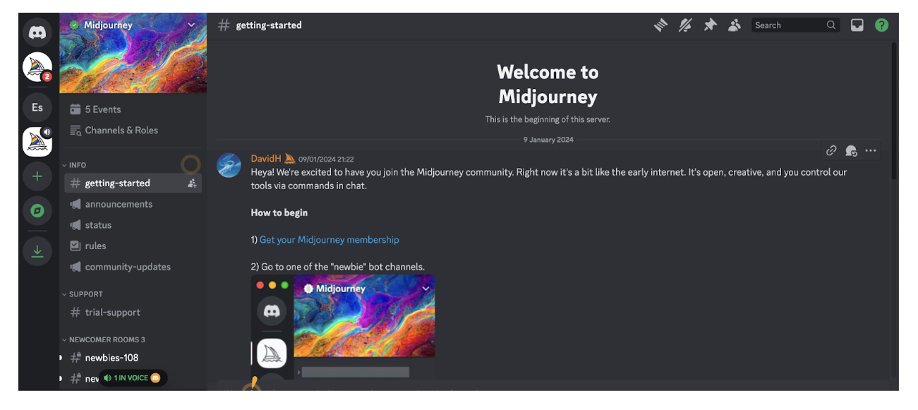 How to use Midjourney AI in UI design 3 Screenshot of Welcome page on Midjourney