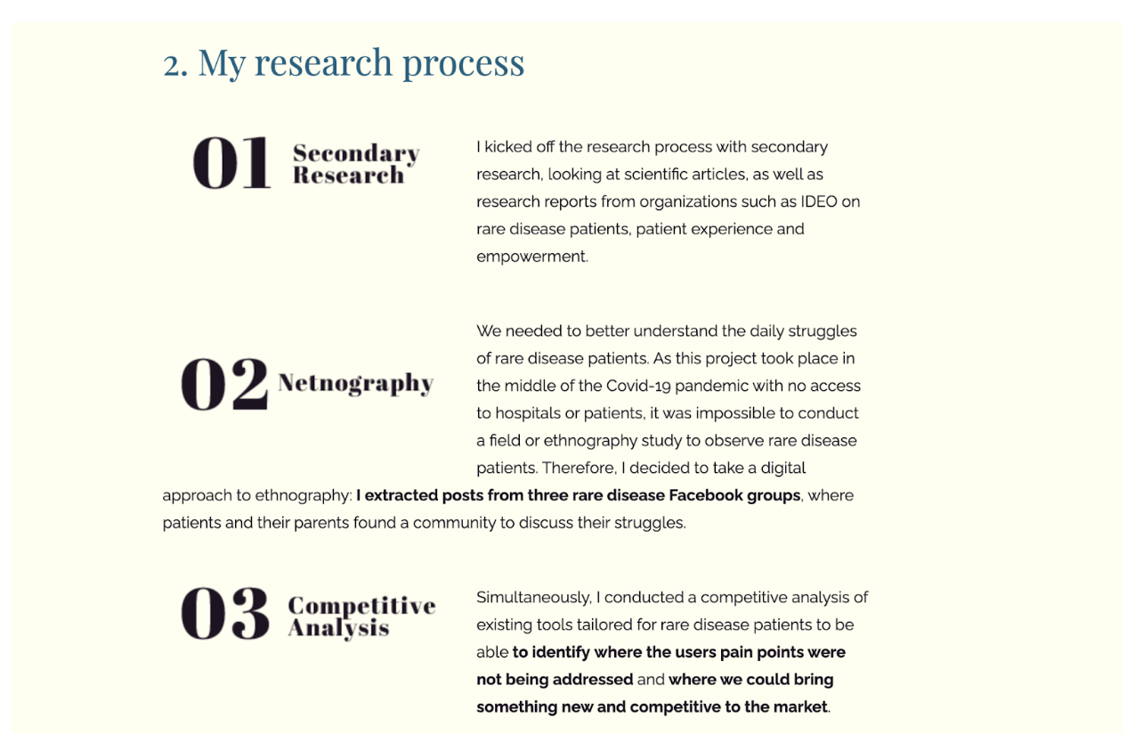 5 UX research project examples to inspire your portfolio 9 f the research process completed for CaReD app