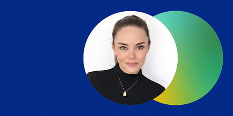 Samantha’s career pivot into UX research with the UX Design Institute, student success story featuring Samantha’s portrait on a blue branded background.
