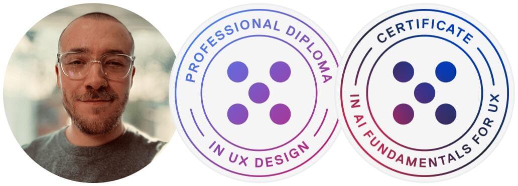 Breaking into UX: 2025 success stories 3 Joel Podolski with course badges