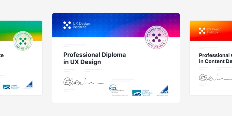 Carousel of the various certificates offered by the UX Design Institute