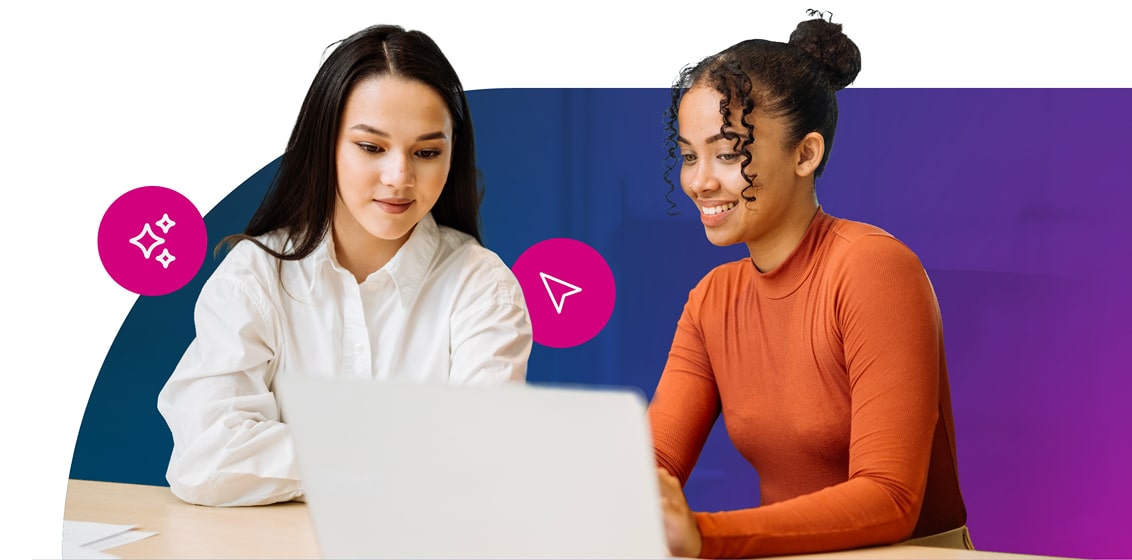 Two designers colloborating in front of a laptop