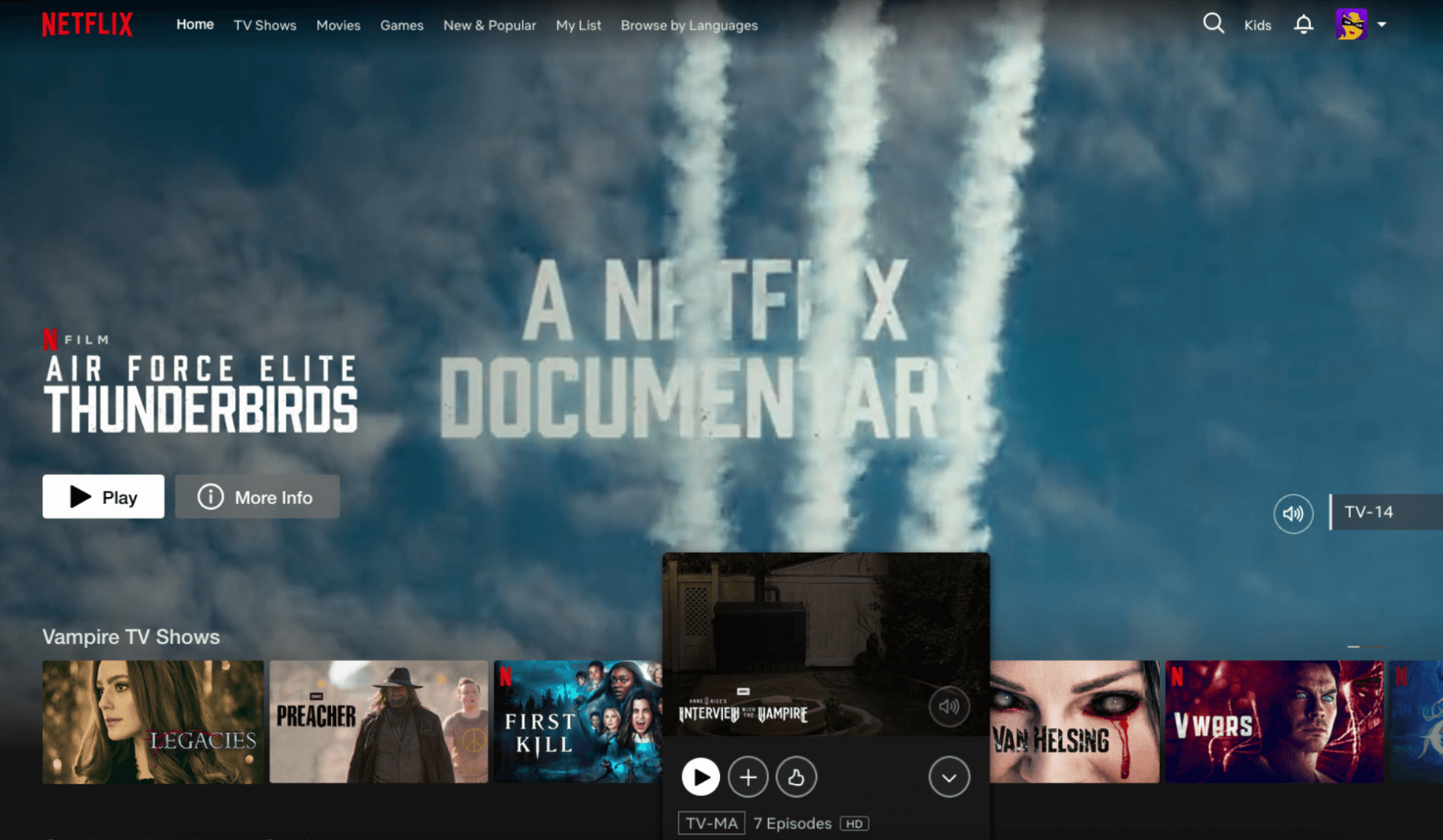 The importance of iconography in UI design 2 Netflix homepage showcasing the documentary “Air Force Elite: Thunderbirds” with visible UI icons including a Play button, More Info icon, volume control, and rating label; a preview tile for “Interview with the Vampire” shows additional icons for play, add to list, thumbs up, and expand.