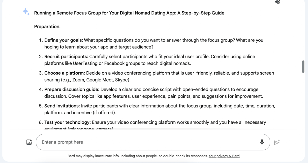 What is Gemini AI (formerly known as Bard AI) and how can you use it to become a better UX designer? 5 prompt asking for guidance on conducting a focus group research remotely.