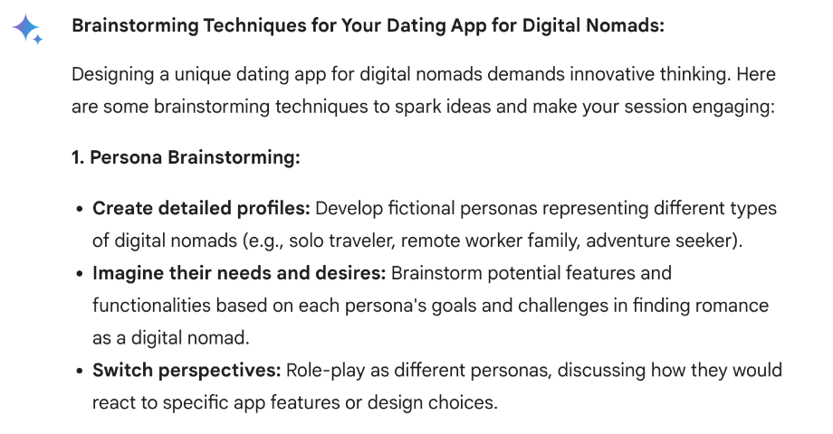 What is Gemini AI (formerly known as Bard AI) and how can you use it to become a better UX designer? 13 Screenshot of Gemini AI responding to brainstorming ideas request