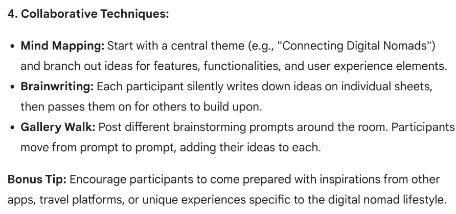 What is Gemini AI (formerly known as Bard AI) and how can you use it to become a better UX designer? 15 Screenshot of Gemini AI responding to brainstorming ideas request