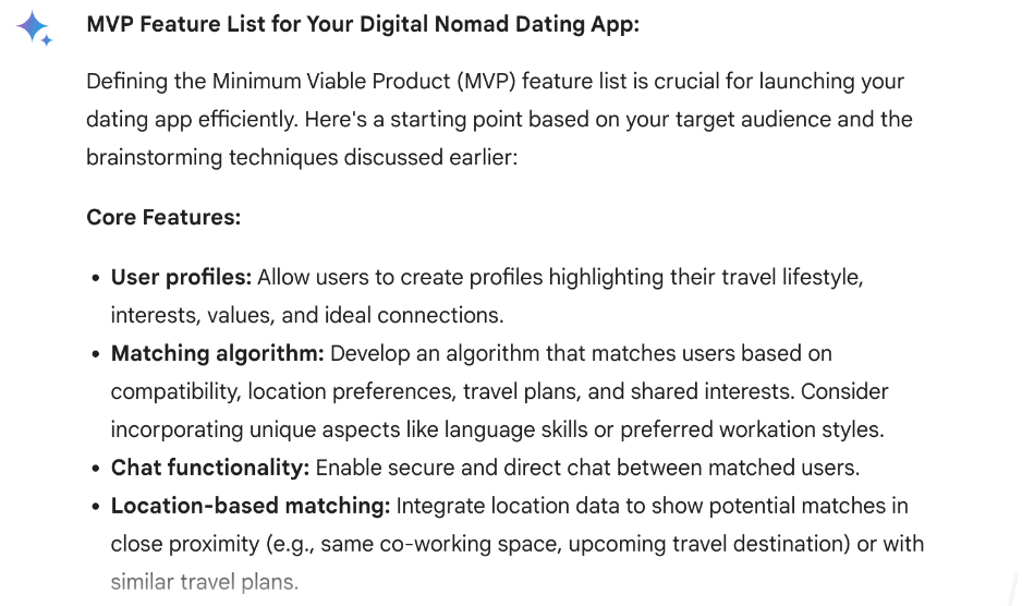 What is Gemini AI (formerly known as Bard AI) and how can you use it to become a better UX designer? 19 Screenshot of Bard/Gemini AI responding to product feature list request