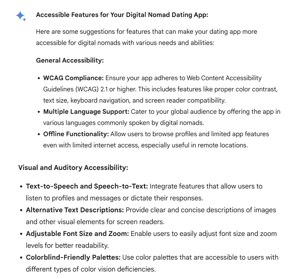 What is Gemini AI (formerly known as Bard AI) and how can you use it to become a better UX designer? 21 Screenshot of Bard/Gemini AI responding to inclusive design request