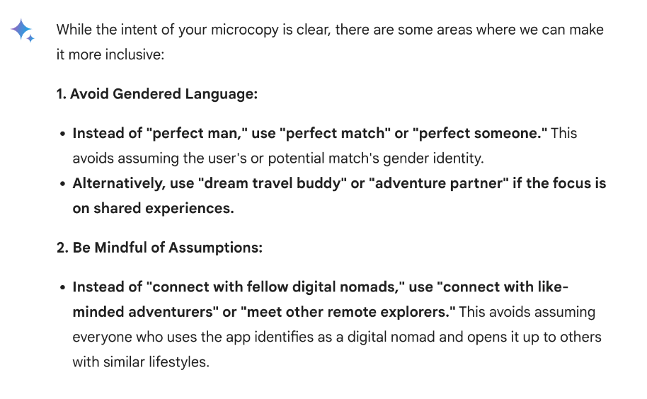 What is Gemini AI (formerly known as Bard AI) and how can you use it to become a better UX designer? 23 Screenshot of Bard/Gemini AI responding to inclusive micro copy request