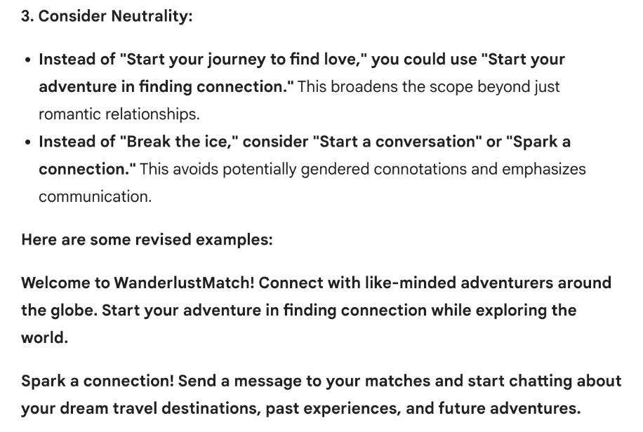 What is Gemini AI (formerly known as Bard AI) and how can you use it to become a better UX designer? 24 Screenshot of Bard/Gemini AI responding to inclusive micro copy request