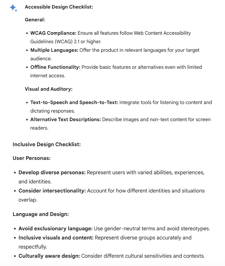What is Gemini AI (formerly known as Bard AI) and how can you use it to become a better UX designer? 25 Bard responding to accessible and inclusive design process checklist request