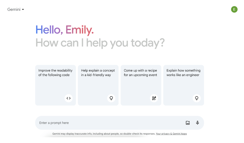 What is Gemini AI (formerly known as Bard AI) and how can you use it to become a better UX designer? 30 Screenshot of Bard/Gemini AI home screen