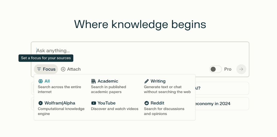 What is Perplexity AI and how can you use it in the design process? 4 Perplexity AI showing the Focus feature