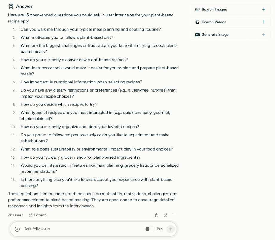 What is Perplexity AI and how can you use it in the design process? 11 Perplexity AI showing the output for generating research questions