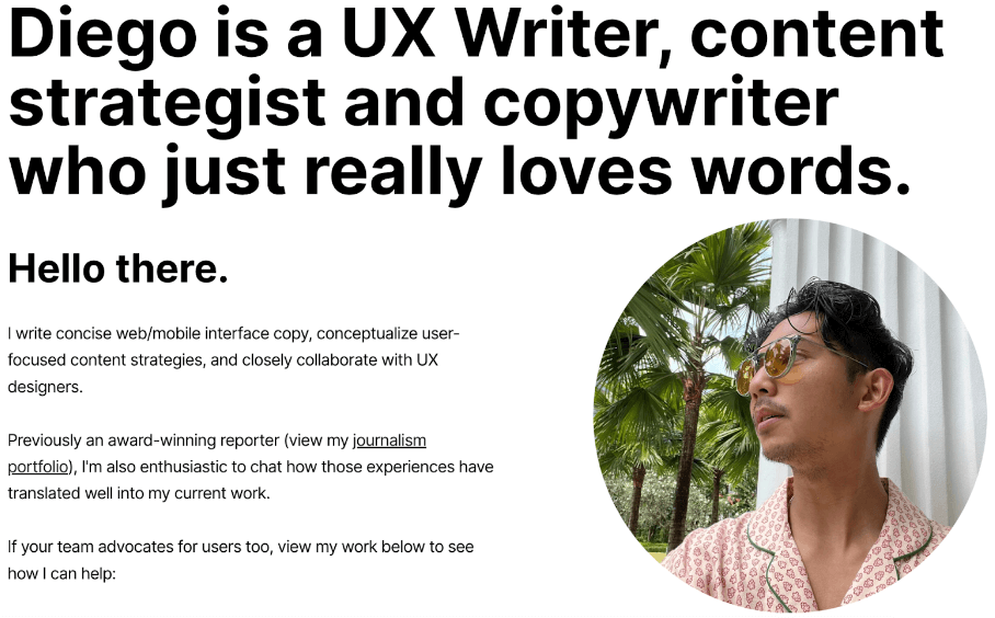 5 of the best UX writing portfolio examples (and how to create your own) 3 Screenshot of Diego Cagara’s UX writing portfolio