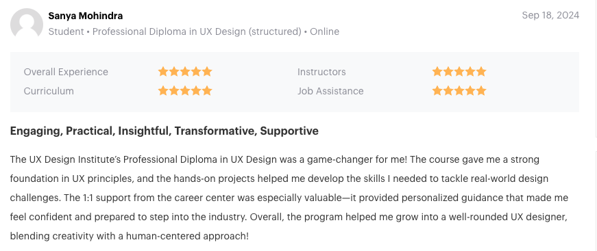 UX Design Institute reviews: hear from our students 2 Screenshot of a great UXDI review on Course Report by a student recommeding the UX design diploma.