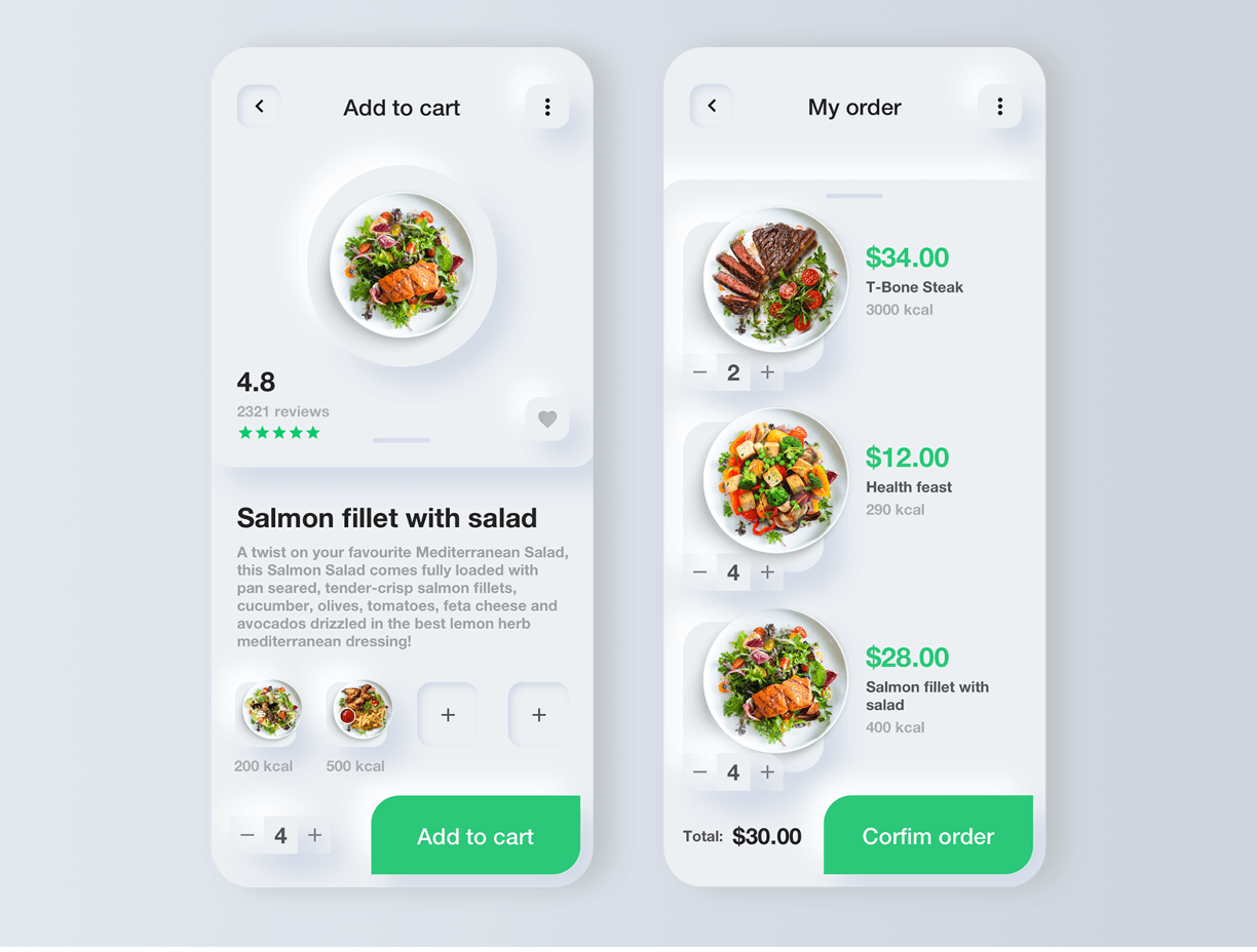What is neumorphism in UI design? (And how to use it) 2 screenshot of a food delivery app UI