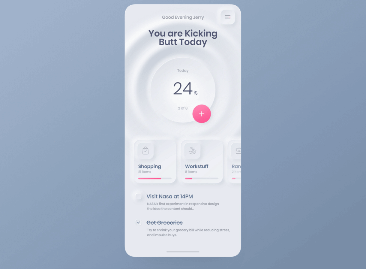 What is neumorphism in UI design? (And how to use it) 8 screenshot of Neumorphic to-do list app concept created by hersom