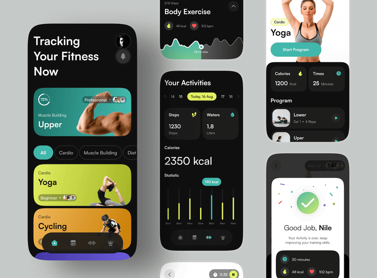 How to design for dark mode: a practical guide 7 Fitness app design screenshot.