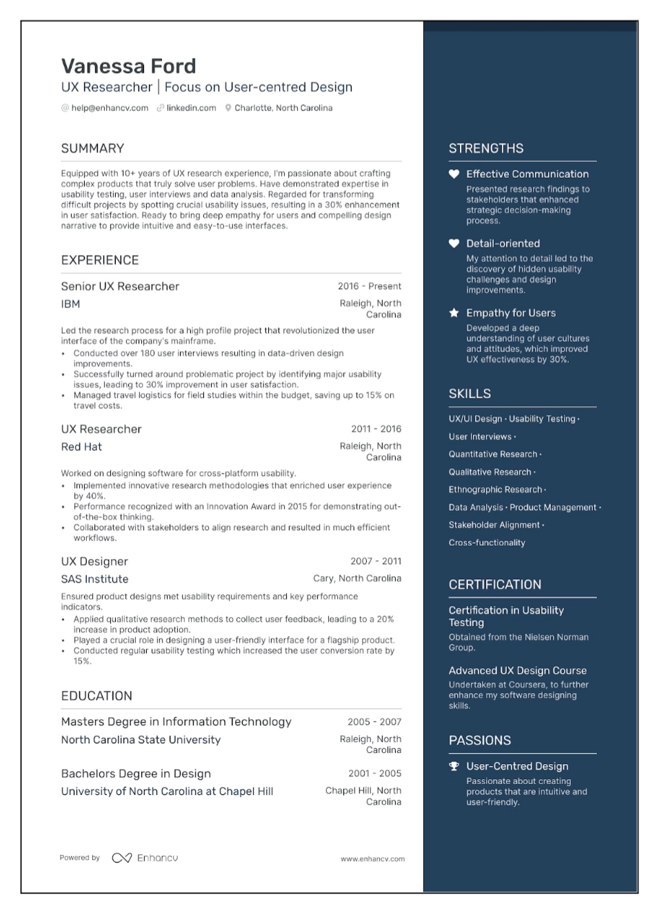Top tips for perfecting your UX researcher resume 4 screenshot of CV template