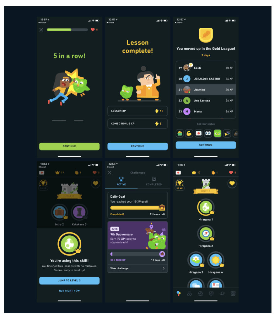 What is a design language and how to create one? 8 screenshot of duolingo app showing the haracters and icons that are used to make the interface more relatable and enjoyable.
