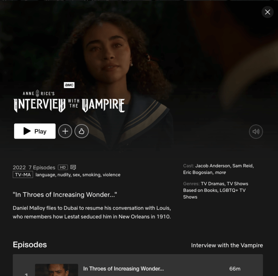 The importance of iconography in UI design 3 Netflix UI preview for Interview with the Vampire, showing character portrait with play, add-to-list, and download icons beneath the title.