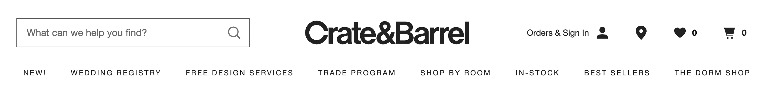 The importance of iconography in UI design 4 Crate & Barrel website header featuring a search bar and UI icons for account, store locator, wishlist, and shopping cart — demonstrating intuitive icon use in e-commerce design.