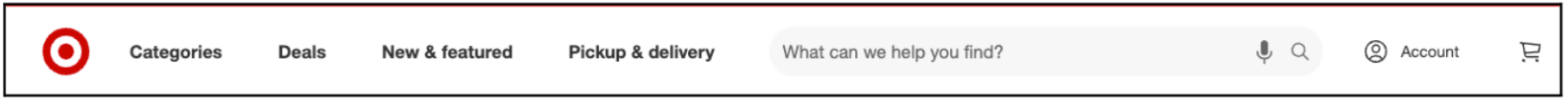 The importance of iconography in UI design 6 Target website header with category links, a search bar, microphone icon, account icon, and shopping cart icon, illustrating a clean and icon-led navigation UI.