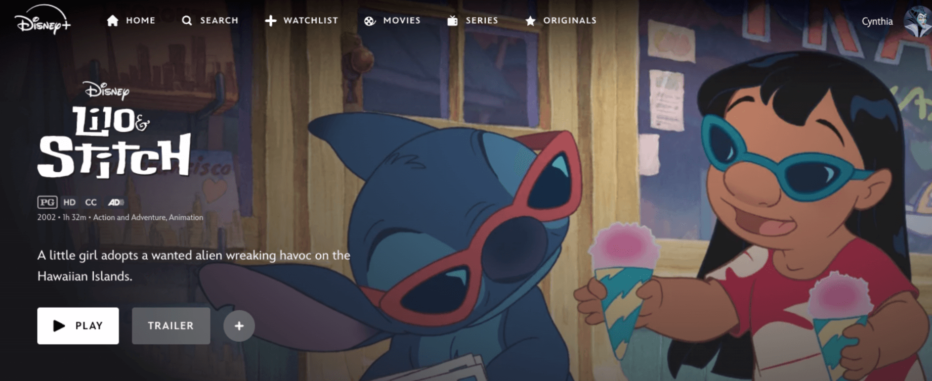 The 13 visual principles of design (with examples) 2 Disney+ screen for Lilo & Stitch. The page shows the Disney logo in its signature script font and the Lilo & Stitch movie title in a bold, playful, irregular typeface. Other text on the page, such as movie details and description, appears in a clean, simple sans serif font, making the unique title font stand out without overwhelming the design.