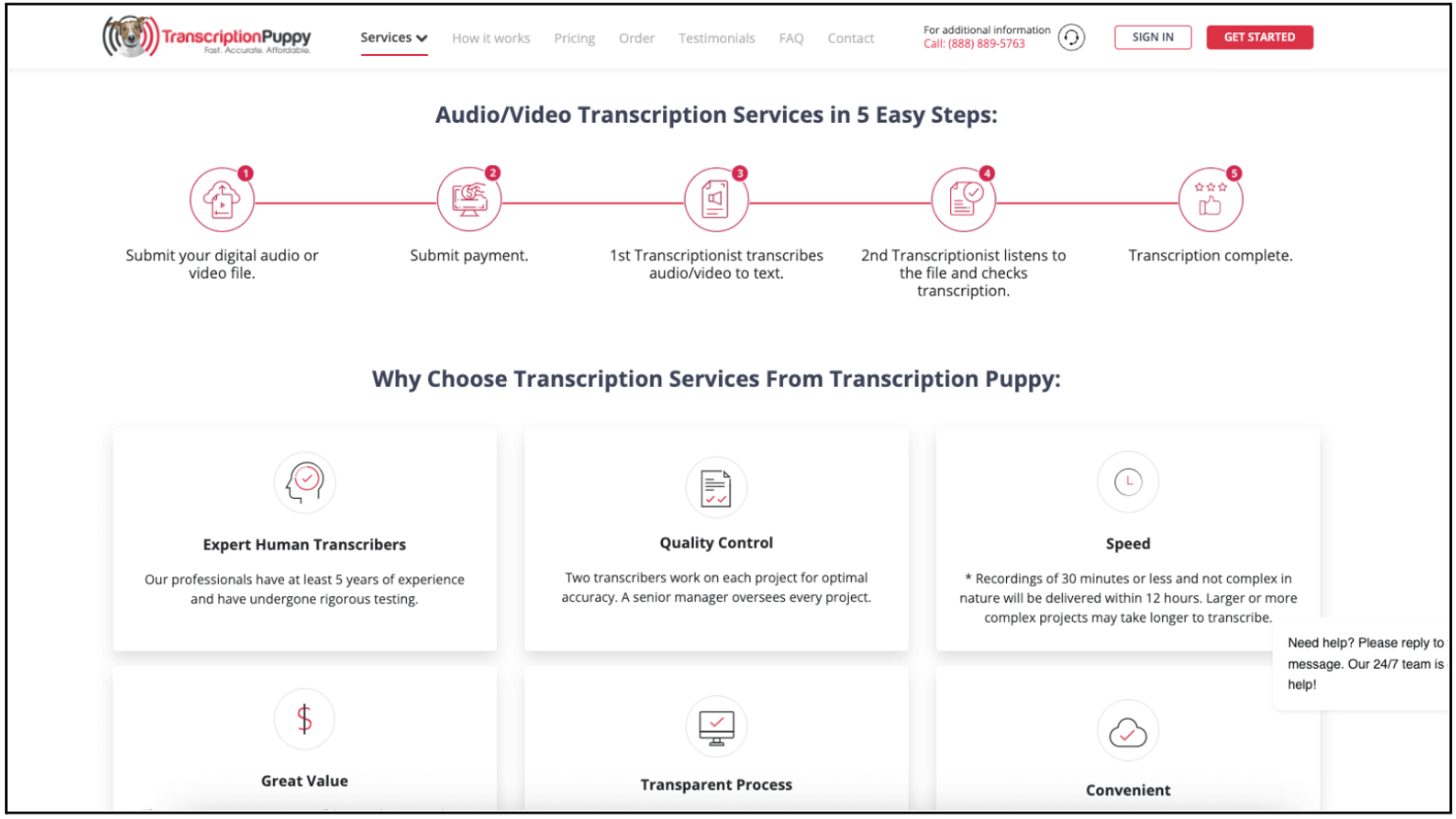 The 13 visual principles of design (with examples) 4 Screenshot of TranscriptionPuppy’s website using a symmetrical layout. The top section shows a five-step transcription process with icons and numbers in a straight line: submit audio or video file, submit payment, first transcriptionist transcribes, second transcriptionist checks, and transcription complete. Below, six evenly spaced boxes explain why to choose the service, highlighting expert human transcribers, quality control, speed, great value, transparent process, and convenience.