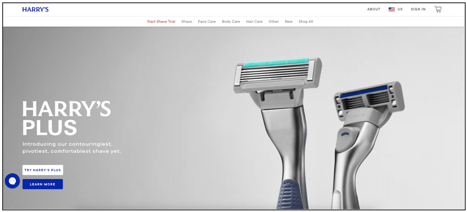 The 13 visual principles of design (with examples) 5 Harry’s website banner promoting Harry’s Plus. Large bold text on the left introduces the product as the brand’s most contouring, pivoting, and comfortable shave yet. On the right, two silver razors with coloured blades are displayed against a clean grey background, with buttons below to try or learn more.