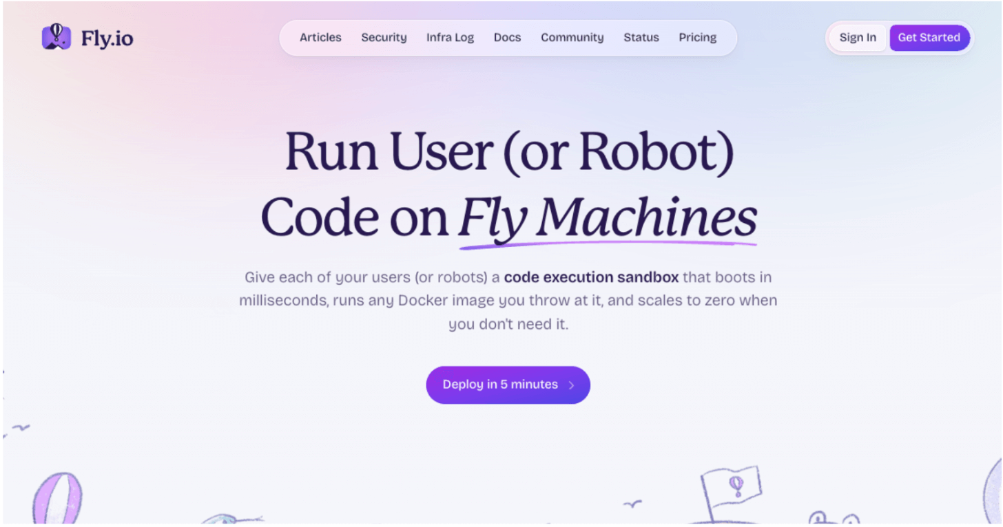 The 13 visual principles of design (with examples) 6 Fly.io homepage banner with headline text “Run User (or Robot) Code on Fly Machines” in large serif font, with “Fly Machines” underlined in purple. Subtext explains it as a code execution sandbox that boots quickly, runs Docker images, and scales to zero when not needed. A purple button below reads “Deploy in 5 minutes.”