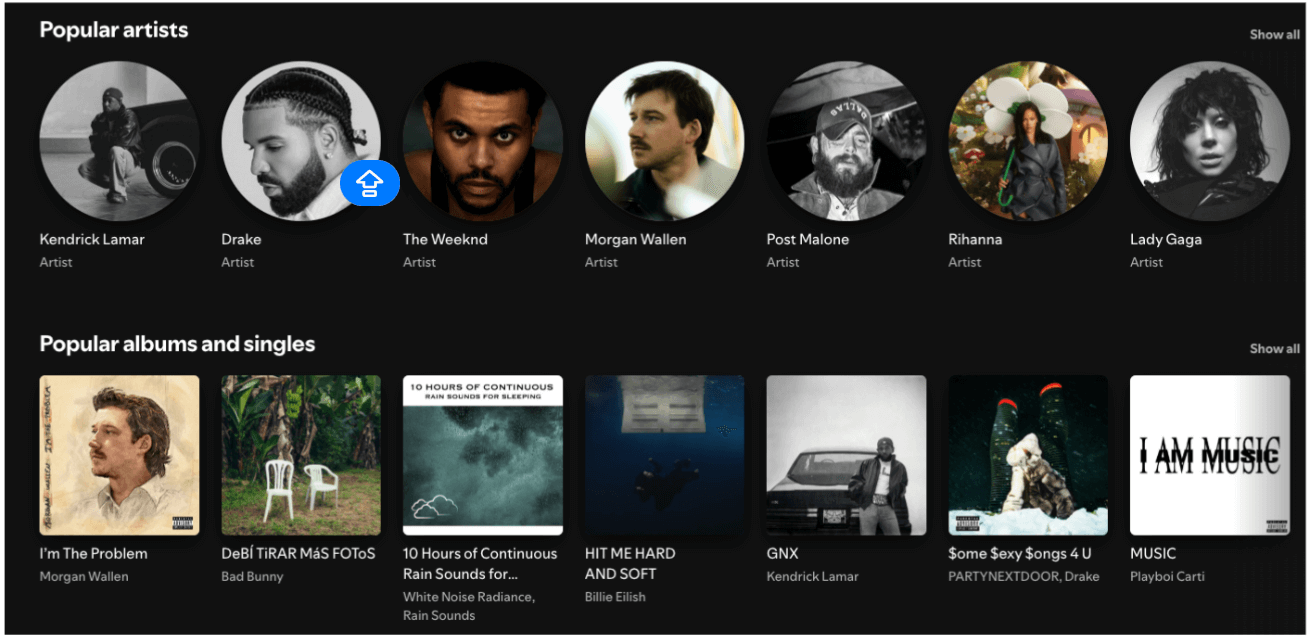 The 13 visual principles of design (with examples) 8 Spotify screen showing a grid of popular artists in one row and popular albums and singles in another. Each image and label is evenly spaced, creating a regular rhythm that gives equal visual weight to every element.