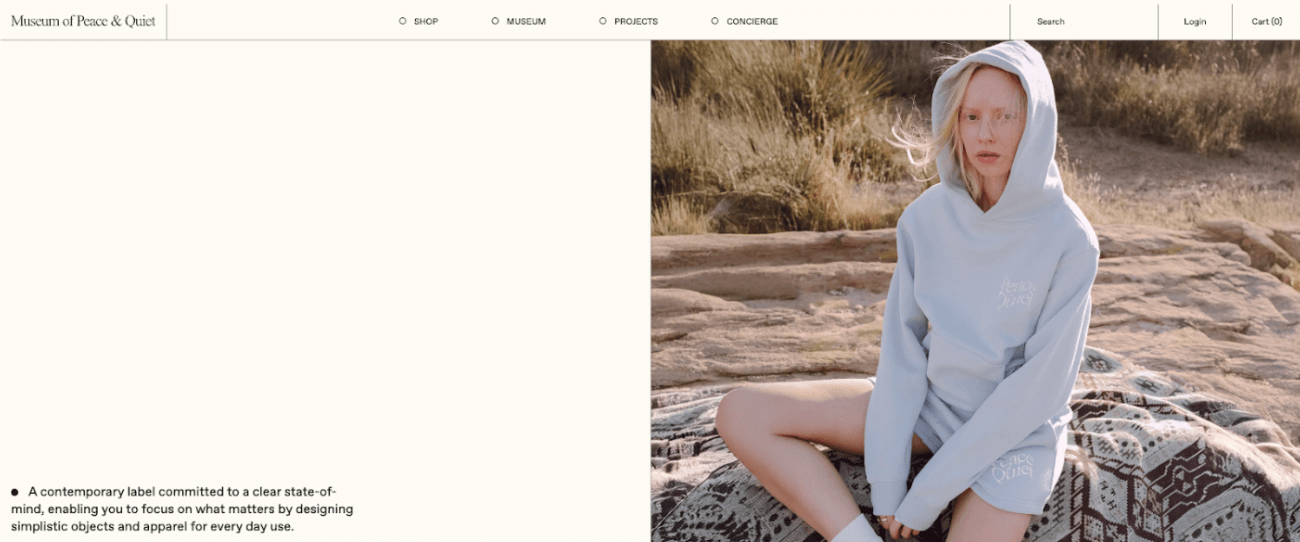 The 13 visual principles of design (with examples) 9 Museum of Peace & Quiet homepage showing a large blank white space on the left with only three lines of text at the bottom. On the right, a hero image of a model in a light hoodie and shorts sits outdoors. The minimal design and empty space reflect the brand’s name and philosophy of simplicity and calm.