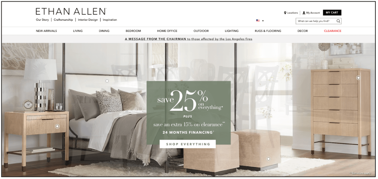 The 13 visual principles of design (with examples) 10 Ethan Allen homepage showing a neutral-toned bedroom with beige and grey furniture and bedding. In the centre, a muted green box announces “Save 25% on everything” with additional sale details. The subdued colour palette creates a calming sense of visual unity, with the green box standing out subtly without breaking the harmony.