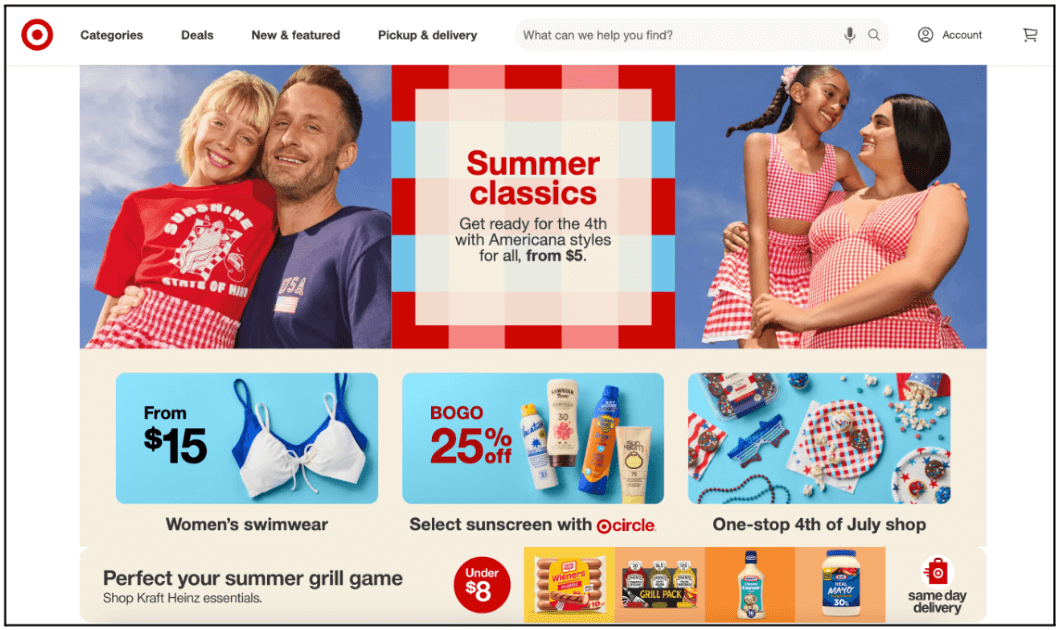 The 13 visual principles of design (with examples) 11 Target homepage with a large central red-and-white checkered box that says “Summer classics,” making it the most important element. On either side are smaller images of families in Americana outfits. Below, medium-sized boxes promote women’s swimwear, sunscreen, and a 4th of July shop, while smaller banners at the bottom highlight grilling essentials and same-day delivery. The varying box sizes show visual hierarchy of importance.