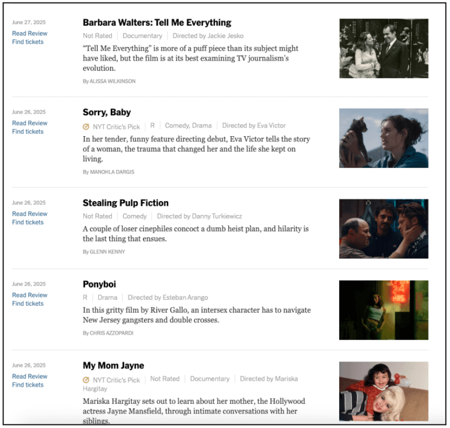 The 13 visual principles of design (with examples) 12 Screenshot of New York Times movie reviews page. Each review is neatly aligned in rows, with the movie title and body text left aligned on the left, and a film image placed to the right. The consistent column and row alignment creates a clear, structured layout.