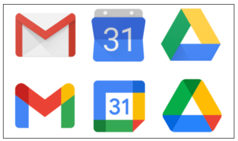 7 fundamental user experience (UX) design principles all designers should know in 2026 3 Before-and-after comparison of Google app icons, showing earlier flat designs for Gmail, Calendar and Drive alongside newer, multicoloured icons, illustrating how visual consistency and recognisable patterns improve usability across a product ecosystem.