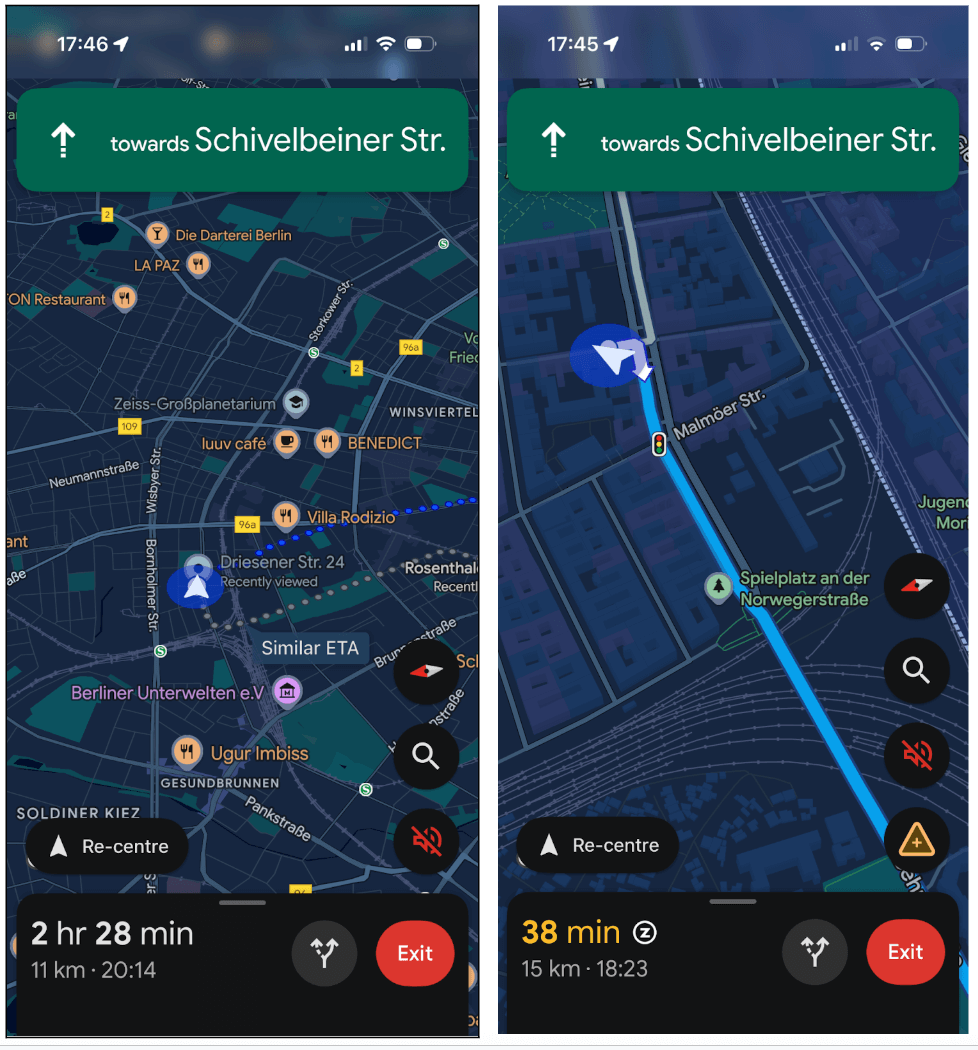 7 fundamental user experience (UX) design principles all designers should know in 2026 5 Side-by-side Google Maps navigation screens showing different interfaces for walking and driving, where driving mode prioritises large touch targets, high-contrast visuals and simplified guidance, while walking mode shows more detailed map information and closer interaction, illustrating how the interface adapts to user context rather than using a one-size-fits-all design.