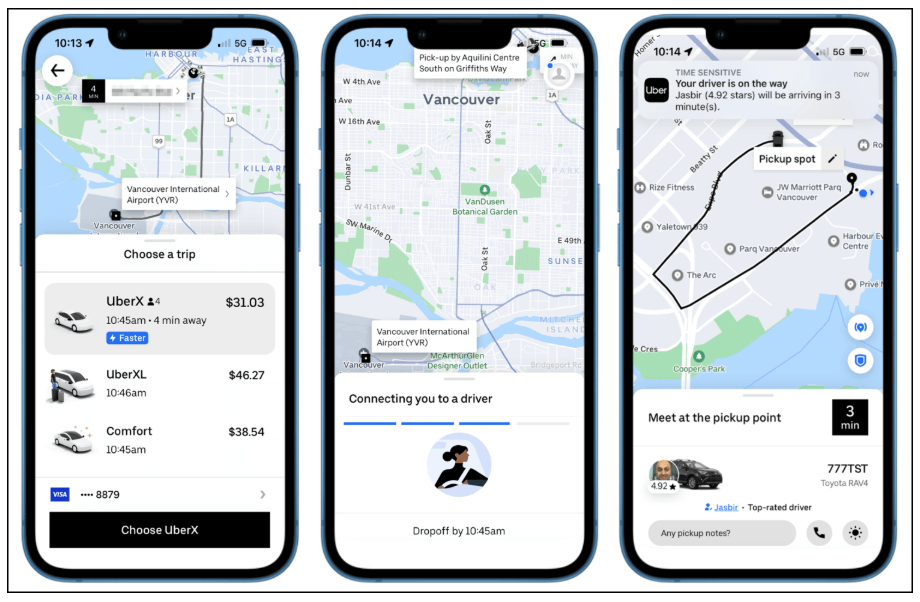 7 fundamental user experience (UX) design principles all designers should know in 2026 8 Three mobile screens from the Uber app showing the full ride flow, choosing a trip with clear pricing and ETA, matching with a driver and real time pickup guidance. The sequence illustrates strong usability through clear actions, immediate feedback and visible progress that help users move from intent to booking with minimal effort.